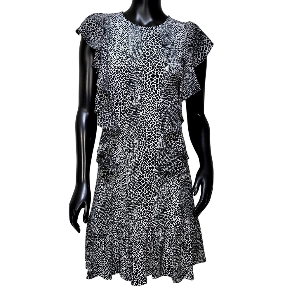 Michael Kors Womens XS Black White Luxe Jersey Cascade Ruffle Animal Print Dress